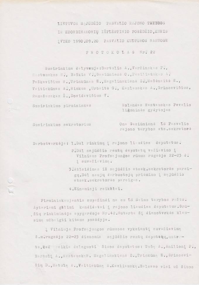 Lietuvos Sąjūdžio Pasvalio rajono tarybos ir koordinatorių 1990 m. rugsėjo 20 d. išplėstinio posėdžio PROTOKOLAS Nr. 22 